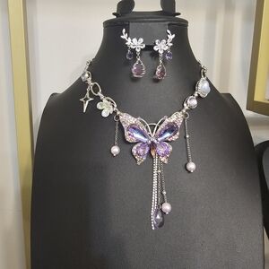 Elegant Purple Butterfly Necklace and Earring Set